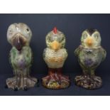 Three reproduction Martin Brothers bird jars, H.23cm (largest), together with two bird jar bodies