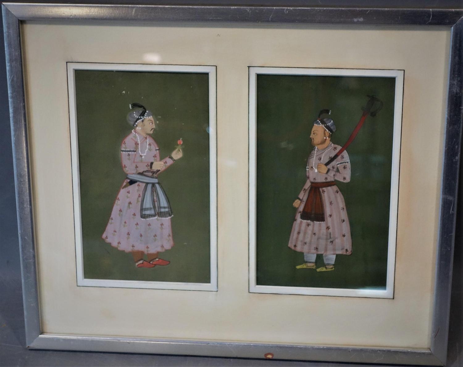 Two Mughal illuminations representing two nobleman or soldiers, framed and glazed, 38 x 31 cm