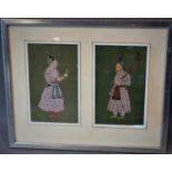 Two Mughal illuminations representing two nobleman or soldiers, framed and glazed, 38 x 31 cm