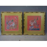 Contemporary Thai artist, a warrior on a chariot and and a fighting scene, gutta pigments on red