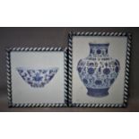 Two drawings of Izmir blue porcelain of a bowl and a vase, framed and glazed, approx 50 x 38 cm