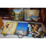 Various unframed canvasses, London, Paris etc