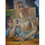 Romanian avant-garde artist Max Hermann Maxy (1895?1971), Portrait of a lady drinking coffee, oil on