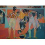Contemporary Danish artist, The bullfight, oil on canvas, signed on the back of the canvas 'Hans