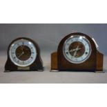 Two mid 20th century Smiths oak mantle clocks, one with Arabic numerals to dial, chiming gong, H.