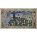 A large Moghul painting of noblemen and attendants in a garden setting, within border decorated with