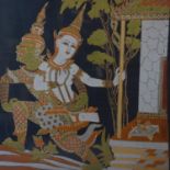 Contemporary Thai artist, Shiva and Dwarapala?, gutta pigments on blue silk, framed and glazed, 60 x