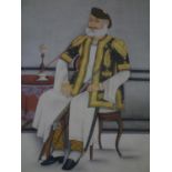 A 19th century Mughal painting of a seated nobleman smoking a pipe, signed bottom right, set in gilt