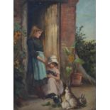 19th century British artist, two girls with rabbits in a farmyard, oil on canvas, signed lower