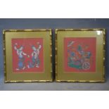 Contemporary Thai artist, two dancing figures and a warrior on a chariot, gutta pigments on red