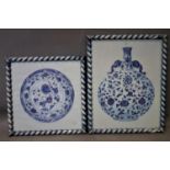 Two drawings of Izmir blue porcelain of a dish and a moon flask, framed and glazed, approx 50 x 38