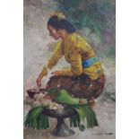 Contemporary artist, Vietnamese woman cooking, singed 'Asi', framed 90 x 65