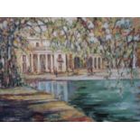 Felix Fabian (20th century school), large house with columns with pond and tree to foreground, oil