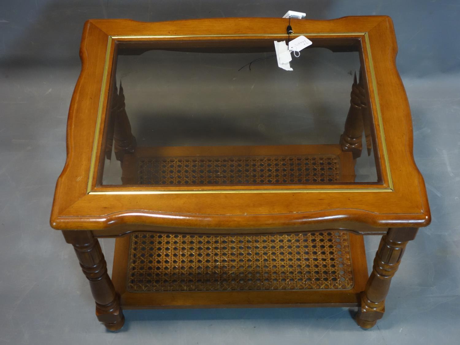 Two solid wood coffee tables, with bevelled glass tops, with rattan undertier, on turned supports, - Image 3 of 4