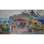 Léon Gambier (French, 1917-2007), 'Le Marché de Concarneau', oil on canvas of a coastal market