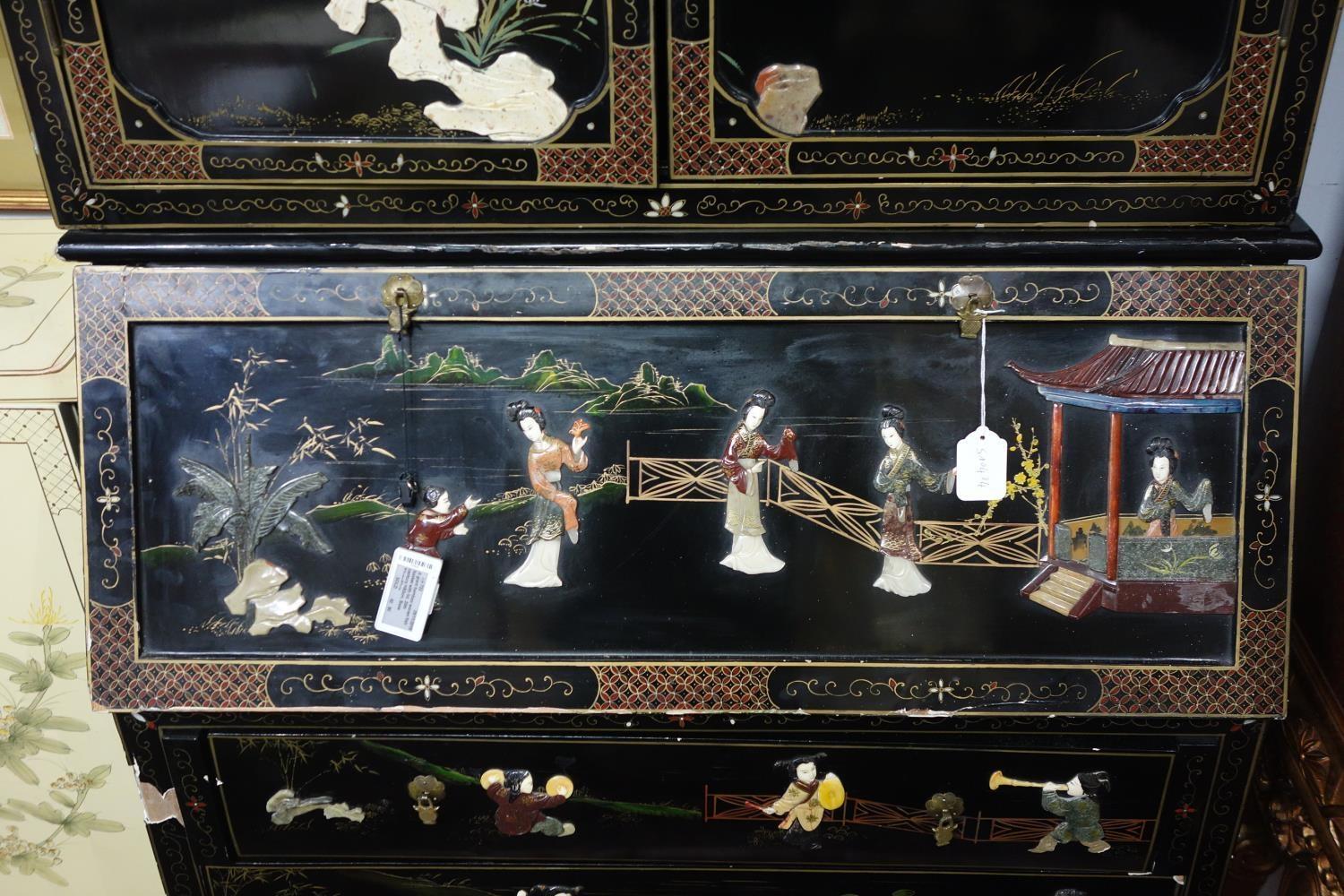 A Chinese style lacquered bureau bookcase, with allover figural decoration. H.225 W.93 D.50cm - Image 2 of 7