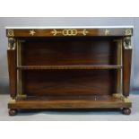 An Empire style walnut console table, with marble top and gilt metal mounts, raised on bun feet, H.