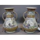 A pair of Nippon hand-painted twin handled vases, hand-painted with flowers and panels of