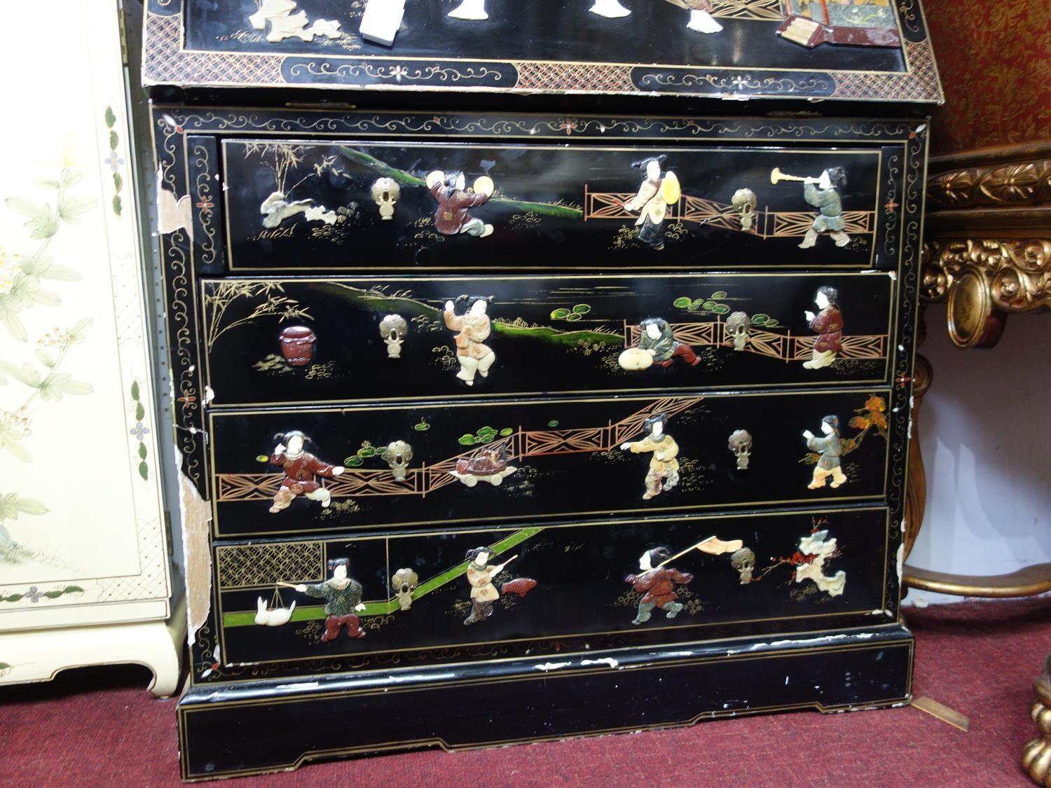 A Chinese style lacquered bureau bookcase, with allover figural decoration. H.225 W.93 D.50cm - Image 5 of 7