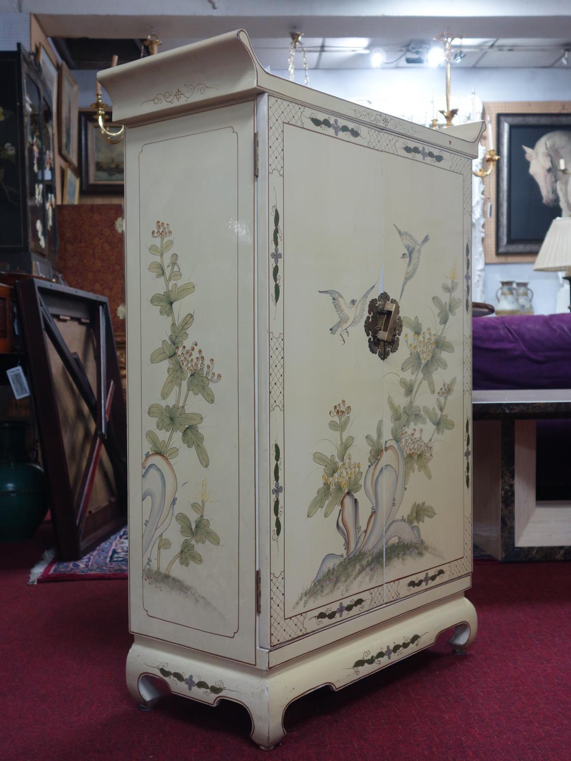 A Chinese cream lacquered cabinet, decorated with birds and flowers, with two cupboard doors above - Image 3 of 4