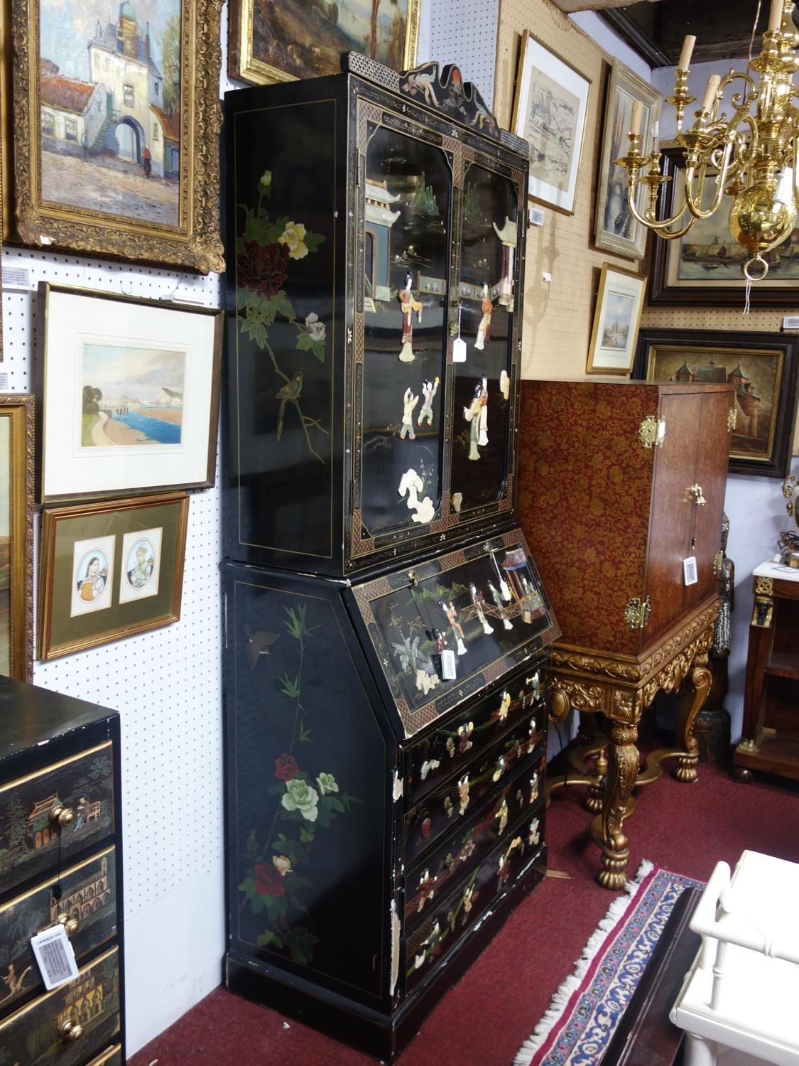 A Chinese style lacquered bureau bookcase, with allover figural decoration. H.225 W.93 D.50cm - Image 7 of 7