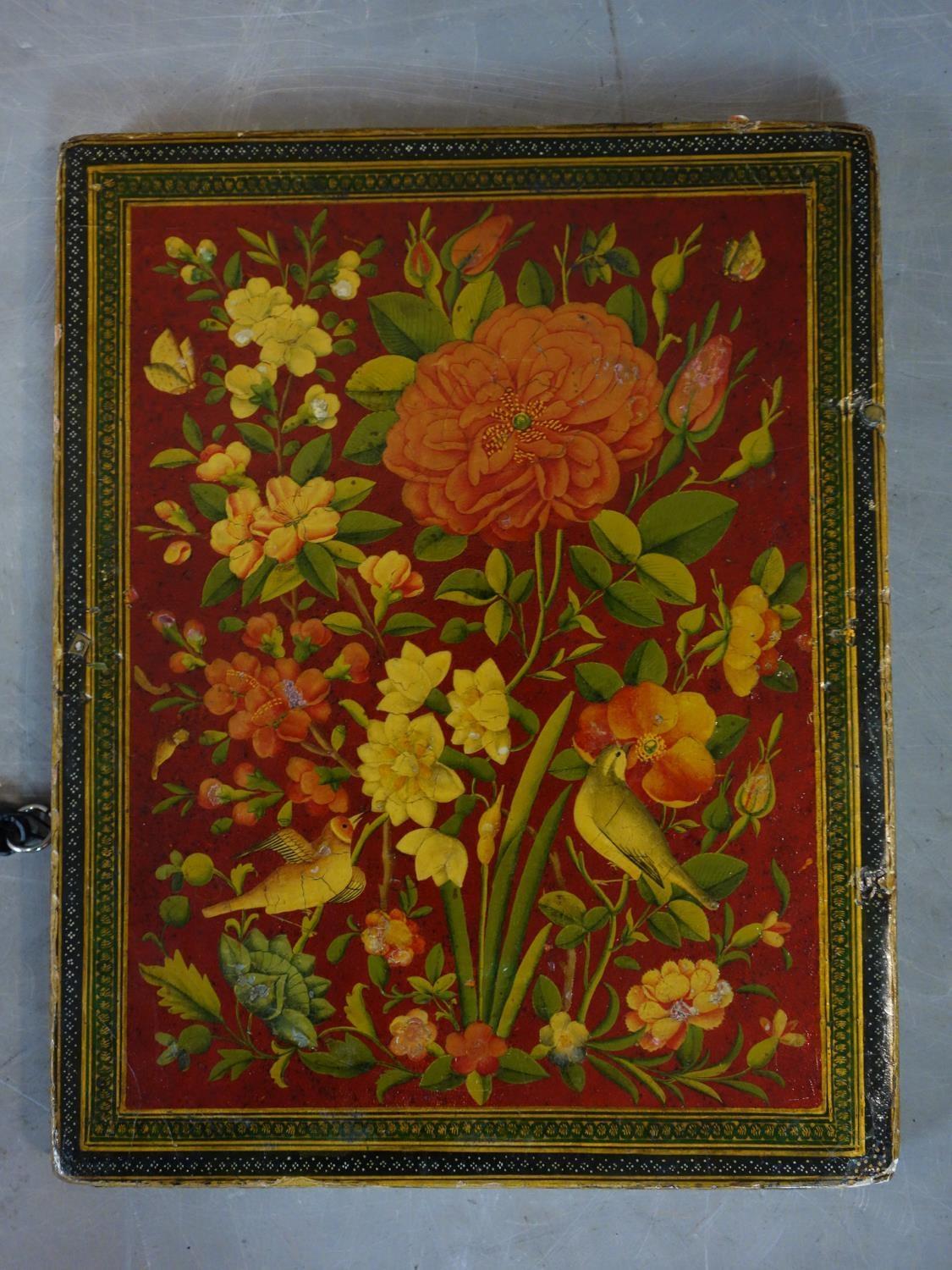 A hand painted Persian mirror case, papier-mâché, gilded lacquered with original mirror inside, 18th - Image 3 of 3