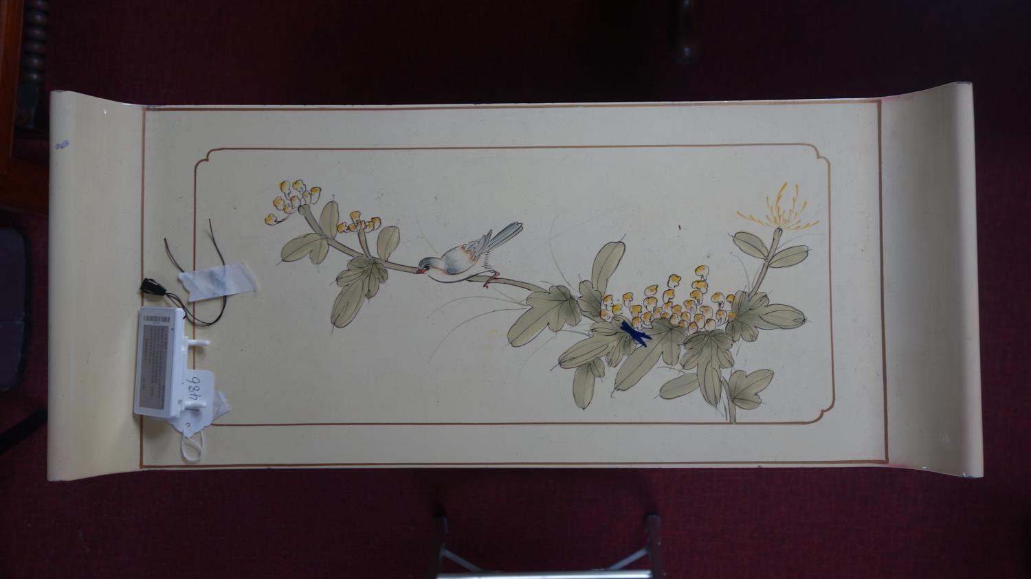 A Chinese cream lacquered cabinet, decorated with birds and flowers, with two cupboard doors above - Image 2 of 4