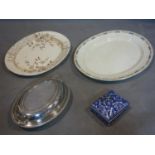 Two large ceramic oval platters and one small blue ceramic box