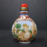 A Chinese snuff bottle with European woman and child, on reverse an old man and a child, enamelled