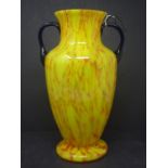 A Venetian Murano yellow Art Glass vase with blue handles, H.30 cm