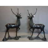 A pair of large cast bronze stags, raised on naturalistic bases, H.124 W.76cm