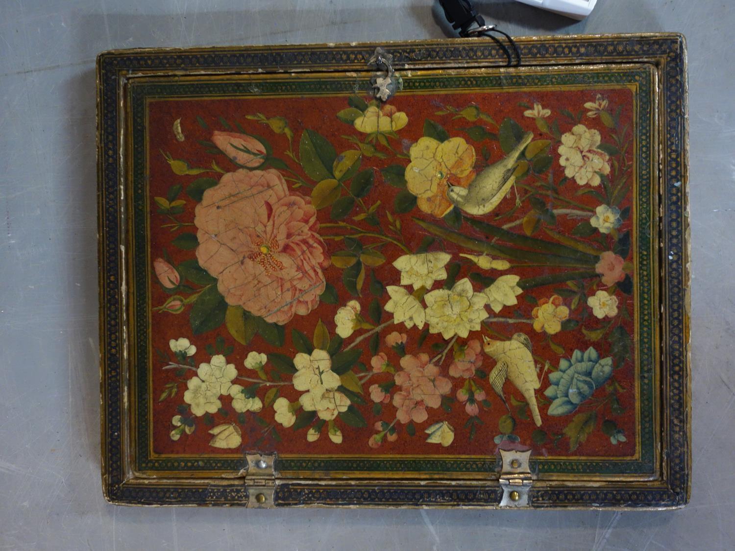 A hand painted Persian mirror case, papier-mâché, gilded lacquered with original mirror inside, 18th - Image 2 of 3