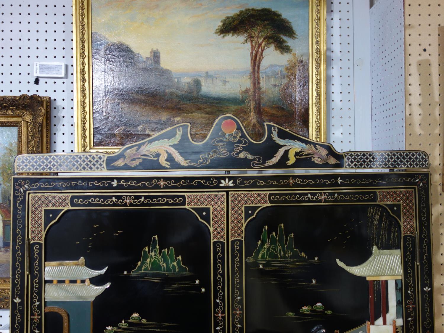 A Chinese style lacquered bureau bookcase, with allover figural decoration. H.225 W.93 D.50cm - Image 6 of 7