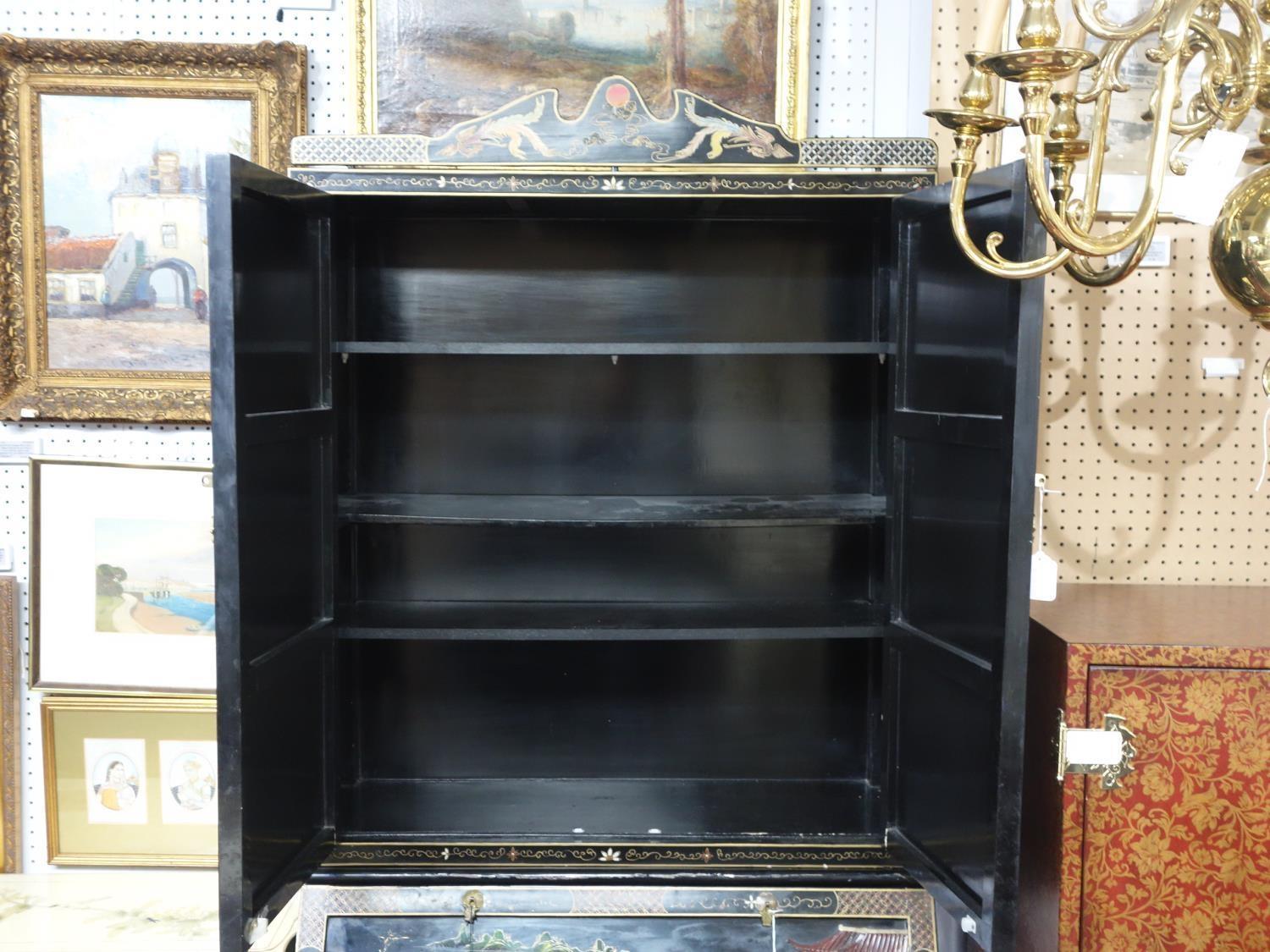 A Chinese style lacquered bureau bookcase, with allover figural decoration. H.225 W.93 D.50cm - Image 4 of 7