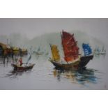 Contemporary British artist, Chinese junk boat sailing, monogrammed, framed, 67 x 94 cm