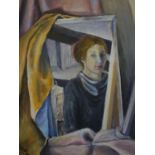 An oil on board depicting a partially obscured portrait of a lady, 74 x 57cm
