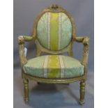 WITHDRAWN- A 19th century French Louis XVI style fauteuil armchair, with striped floral upholstery