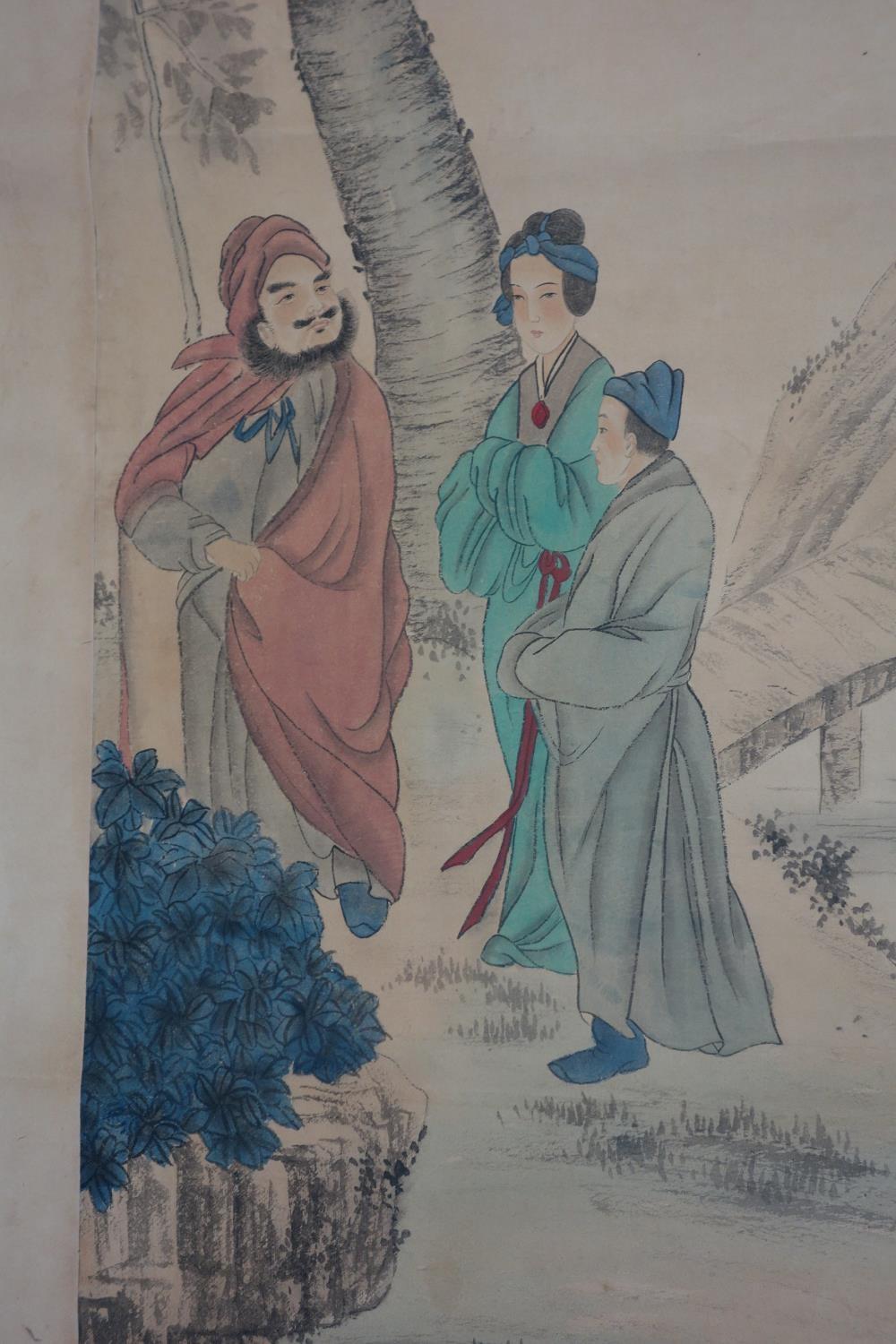 A Chinese printed scroll of three figures under a tree by a bridge, bearing Chinese characters, - Image 3 of 3