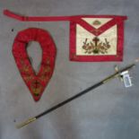 A late 19th century Masonic ceremonial sword, with bass handles, brass and leather scabbard, the