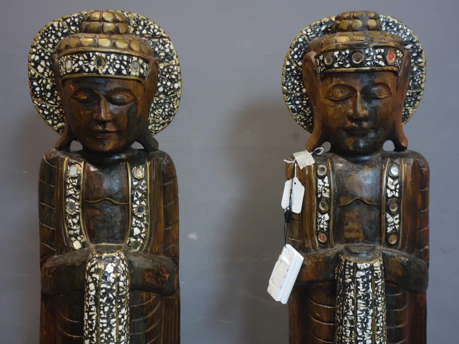 A pair of Thai carved wooden standing Buddhas, H.105cm - Image 2 of 3