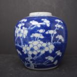 A Chinese ginger jar, with no lid, with prunus decoration, bearing double blue circle to base, H.