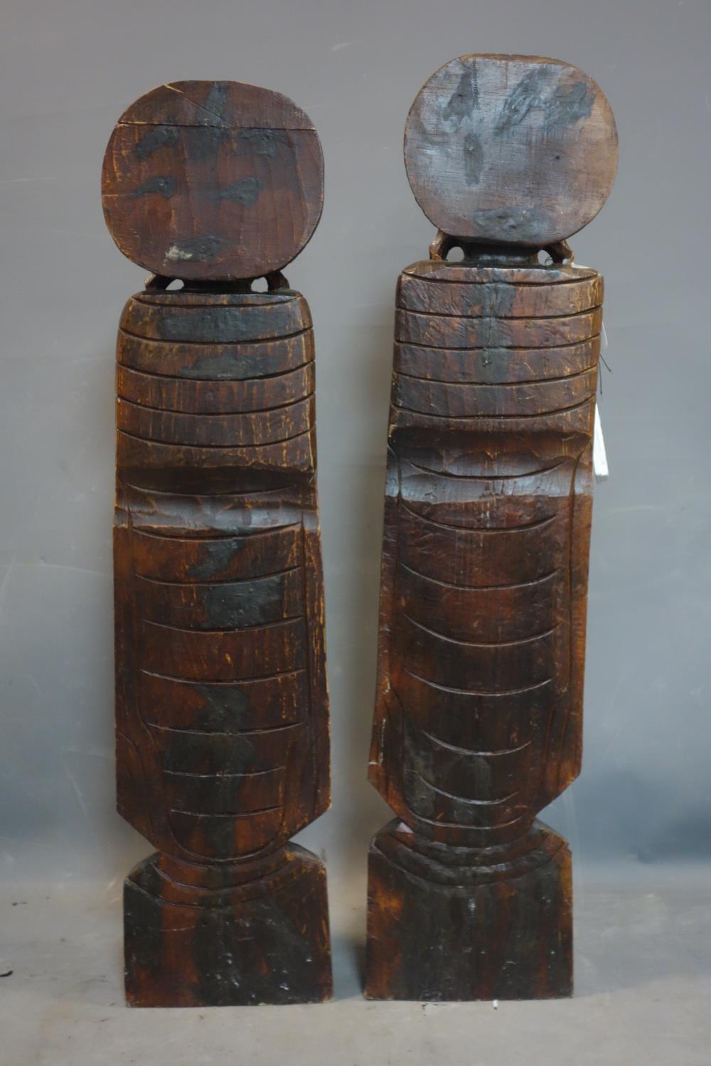 A pair of Thai carved wooden standing Buddhas, H.105cm - Image 3 of 3