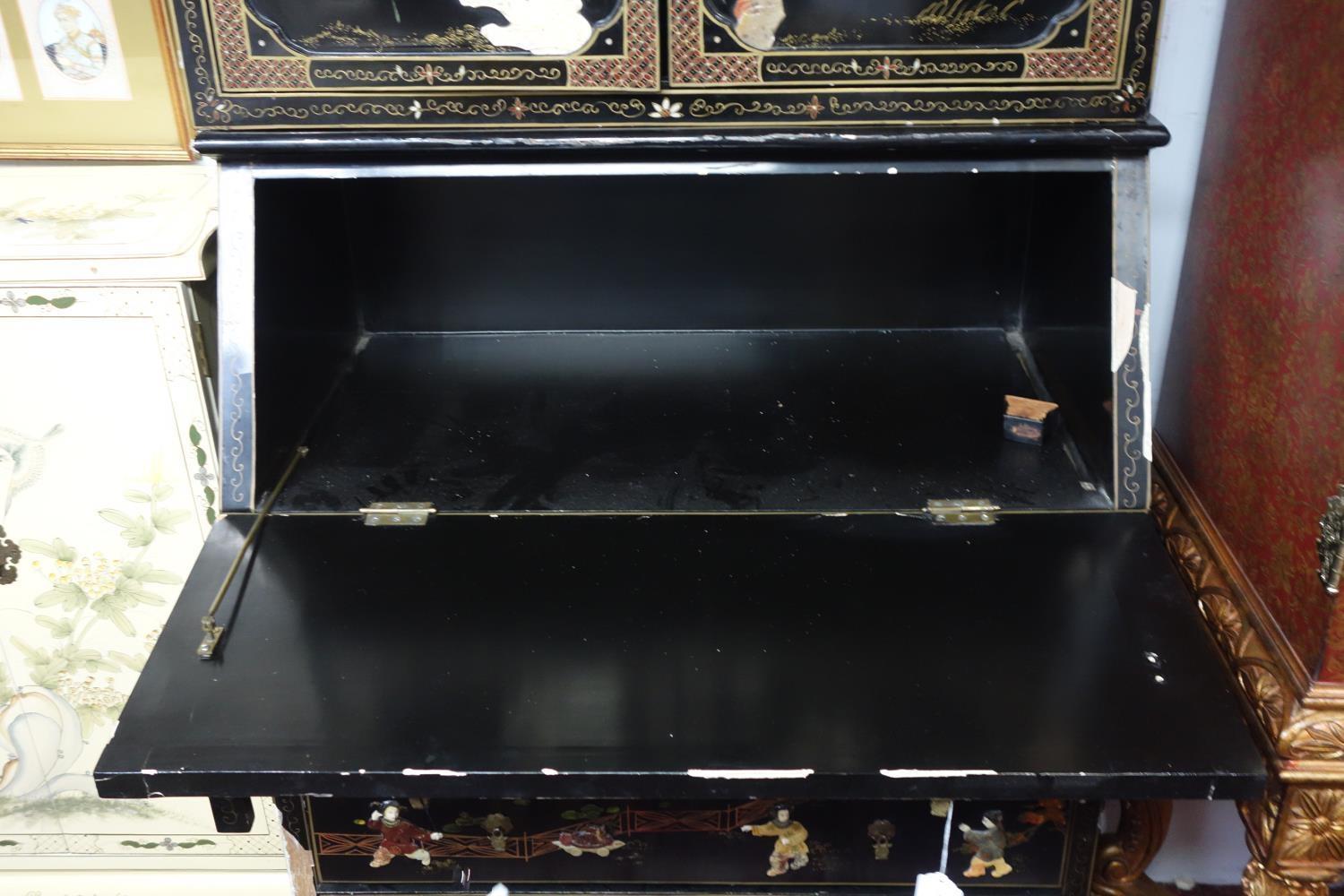 A Chinese style lacquered bureau bookcase, with allover figural decoration. H.225 W.93 D.50cm - Image 3 of 7