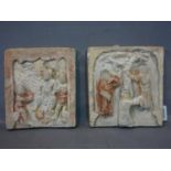 Pair of Han Dynasty hand painted pottery tiles representing domestic scenes, circa 200 BC - 200 AD