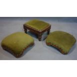Three footstools, to include a mahogany footstool with stud bound velour upholstery, on turned legs,