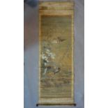 A hand painted Chinese scroll depicting two pheasants, 19th century, 160 x 45 cm