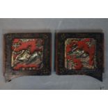 A pair of Chinese carved wood panels in red lacquer with gilded window reveals, possibly from a room