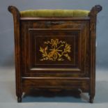 A Victorian rosewood piano stool with marquetry inlay, H.56 W.52 D.36cm