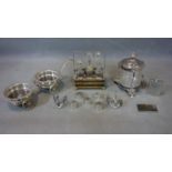 A collection of silver plated ware, to include a two bottle wine coaster carriage on turning