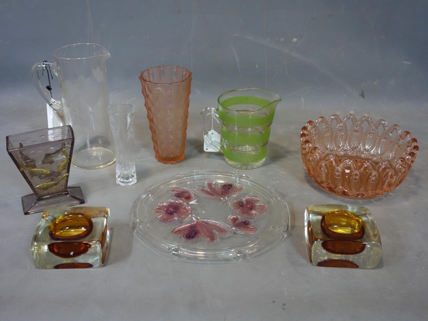 A collection of early to mid 20th century glass to include a smokey glass vase with applied brass